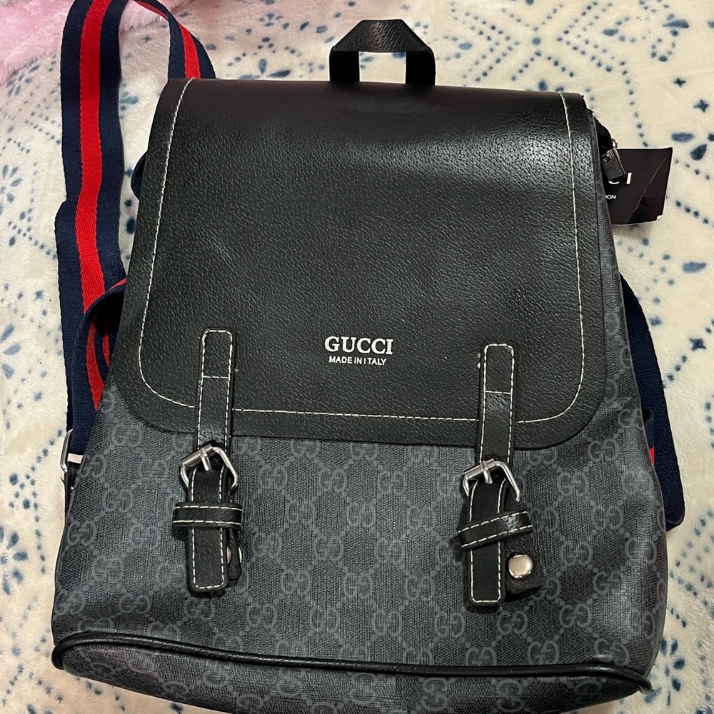 Gucci Black and Gray Backpack with Red and Blue Straps